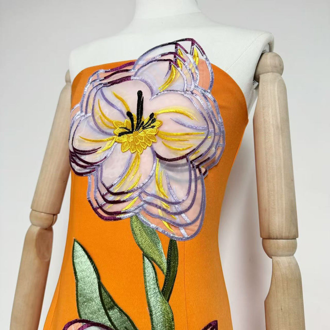 Suzanne Appliqué Floral Bustier Maxi Dress In Orange