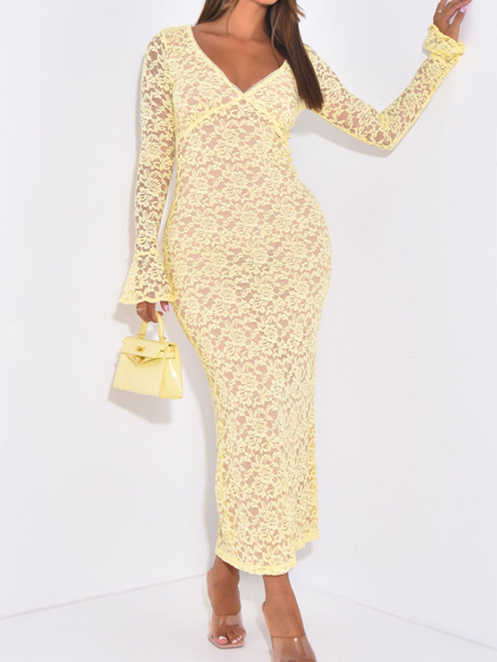 Flowering Girl Women yellow Lace Cutout Long Sleeve maxi Dress