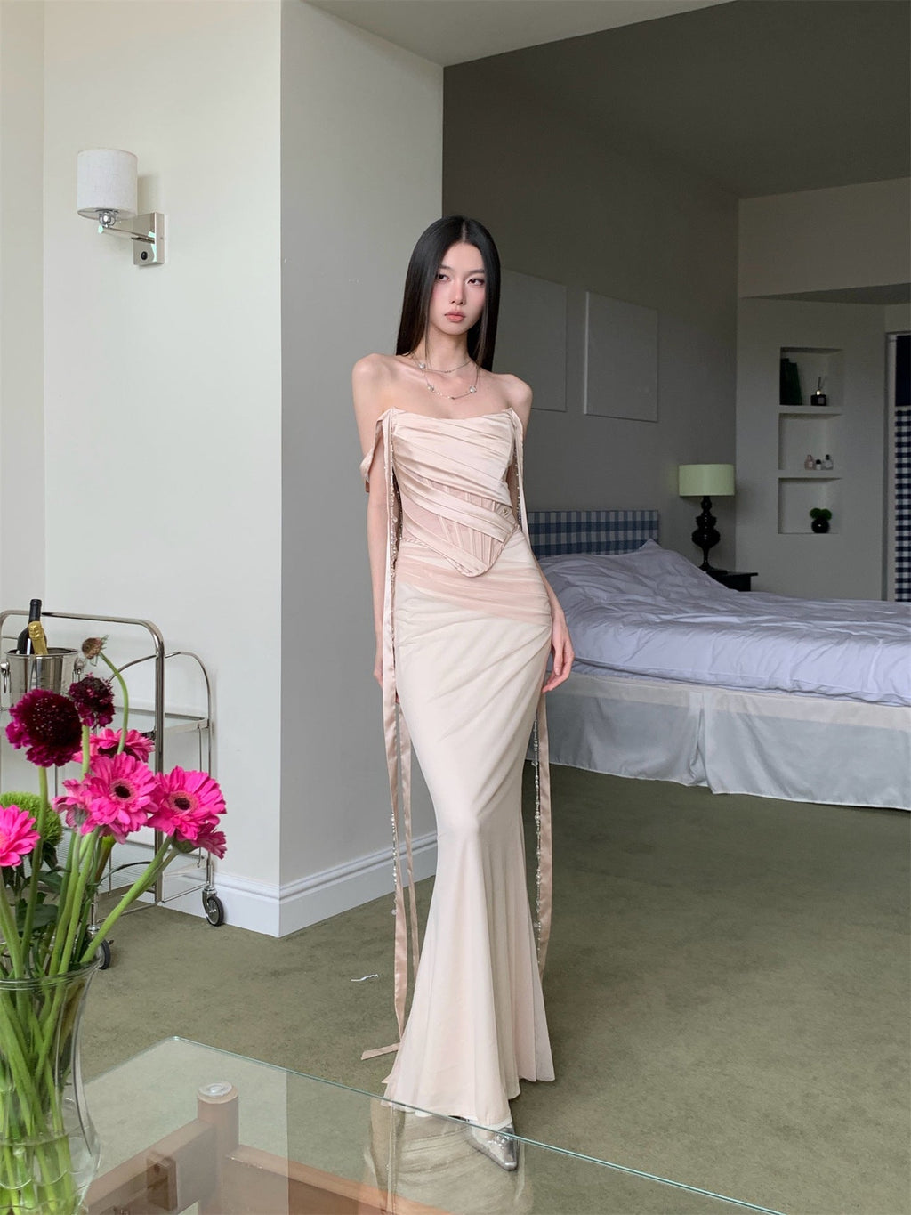 ursula apricot Sleeveless Ribbon Pleated Maxi Dress