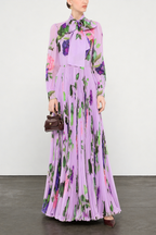 Purple Floral Printed Long Sleeve Pleated Dress