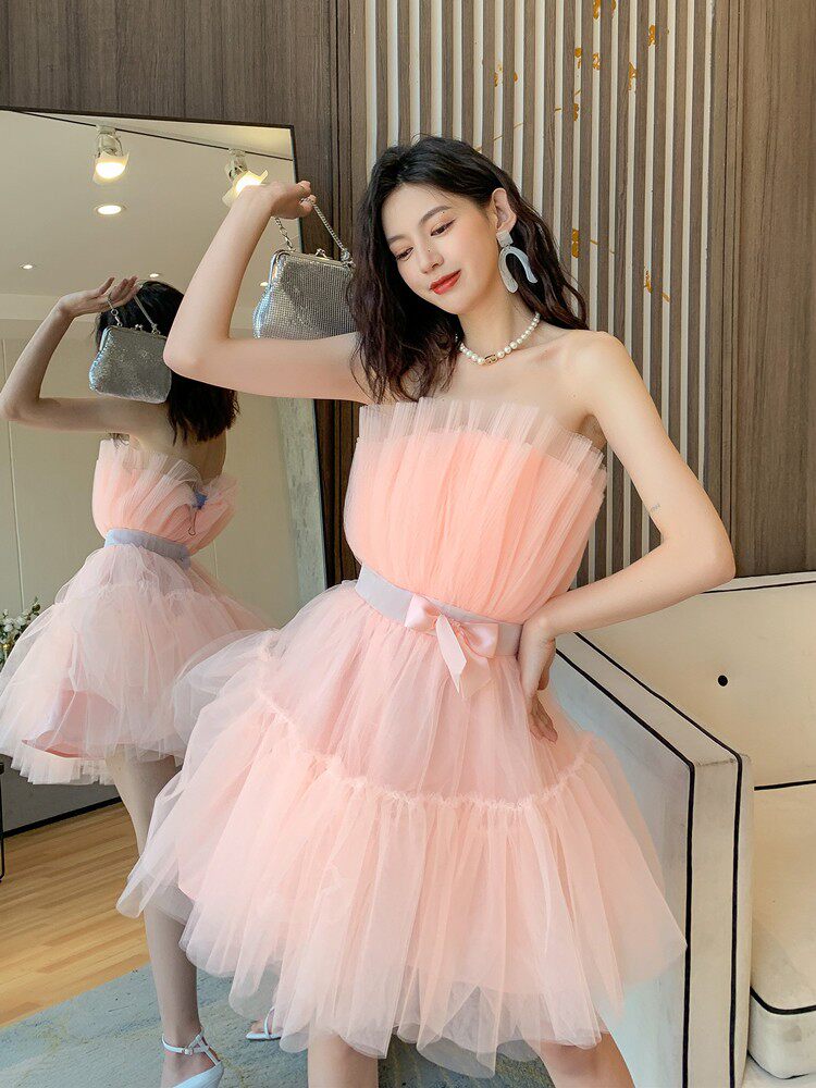 Frederica Bow-Accent Waist-Cinched Strapless Dress - Pink