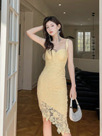 Dolores Openwork Lace Strappy Asymmetrical Midi Dress- Yellow