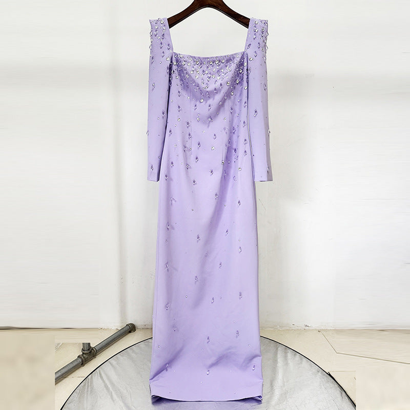 Flowering Girl Women purple square neck long sleeve nail bead diamond maxi dress