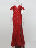 Red Off-Shoulder Sequin Dress