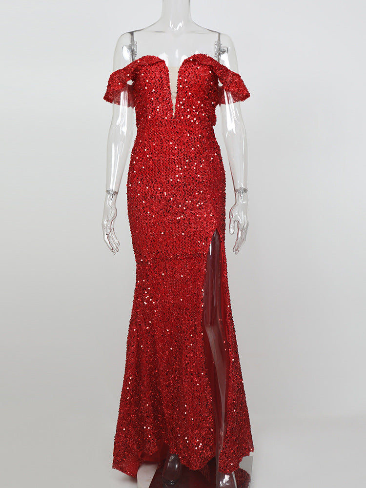 Red Off-Shoulder Sequin Dress