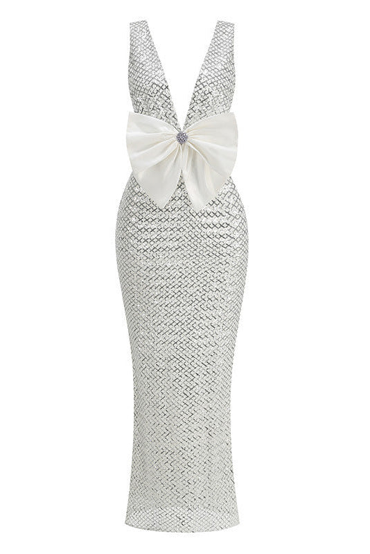 Flowering Girl Women Rebecca Bow Sequin Embellished v Neck Maxi Dress In Silver