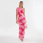 novia one-shoulder 3d flower embroidery bodycon maxi dress - pink