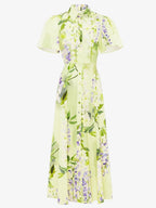 Polo Neck Short-Sleeved Floral Satin Lemon Yellow A-Line Dress