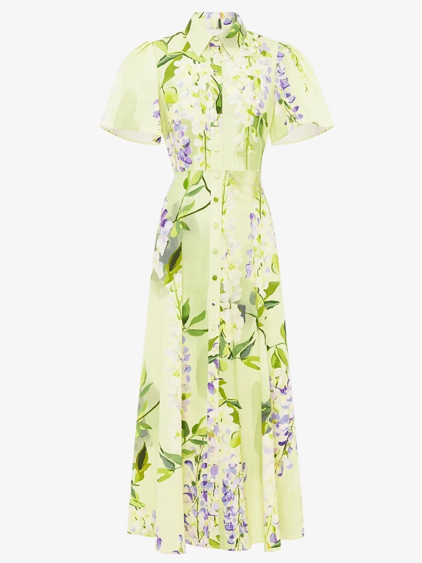 Polo Neck Short-Sleeved Floral Satin Lemon Yellow A-Line Dress