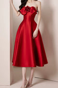 Flowering Girl Women mignon 3d flower satin strapless midi dress in red