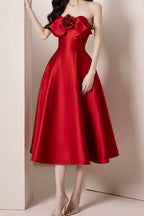 Flowering Girl Women mignon 3d flower satin strapless midi dress in red