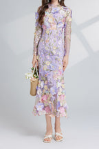 Flowering Girl Women CAROL PURPLE FLORAL EMBROIDERY MESH LONG SLEEVE MIDI DRESS