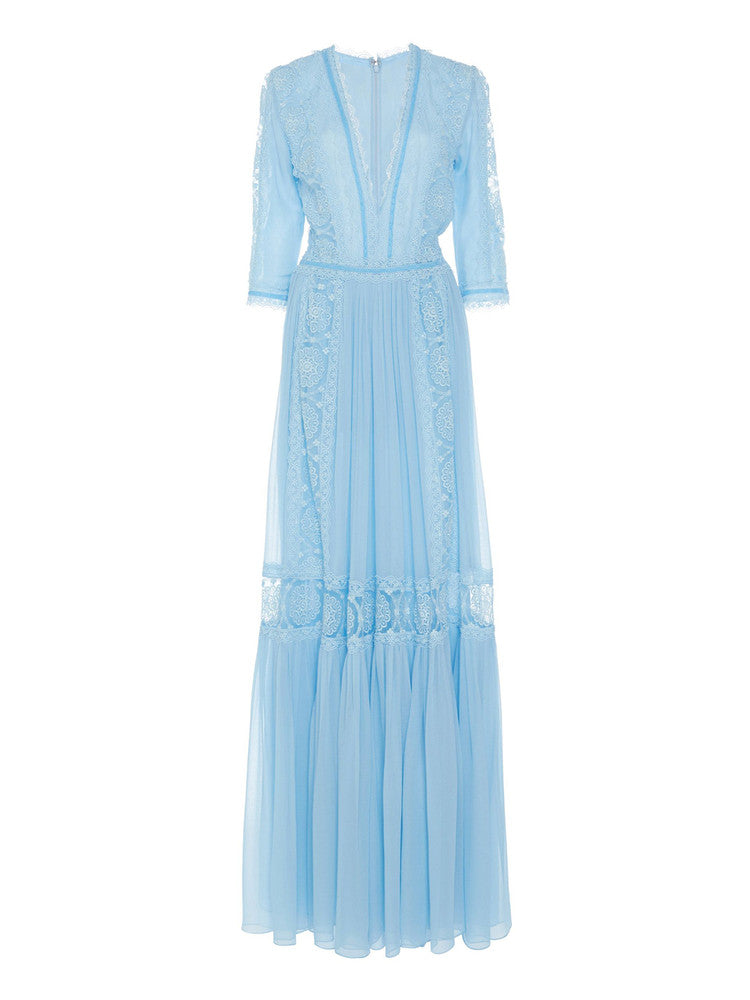 Blue V-Neck Lace Spliced Maxi Dress