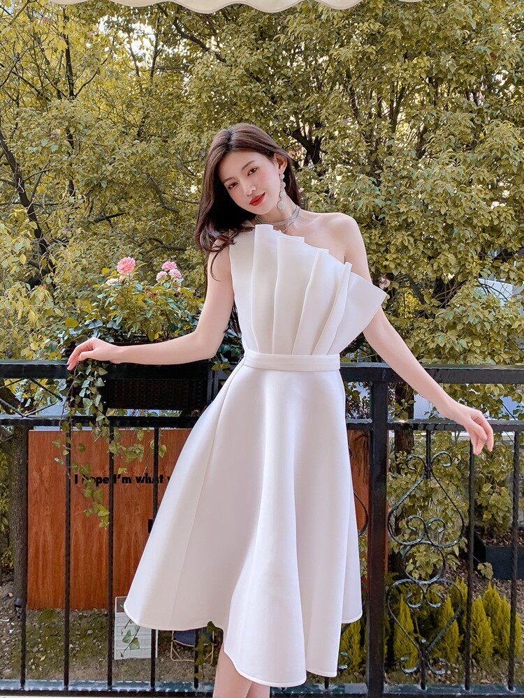Dolores Ruffled Hem Strapless One-Shoulder Full Midi Dress
