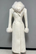 Flowering Girl Women Ivory Slim faux fur mid-length woolen coat