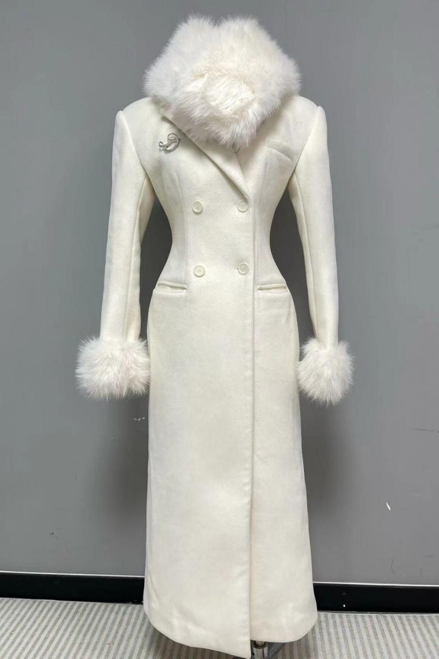 Flowering Girl Women Ivory Slim faux fur mid-length woolen coat