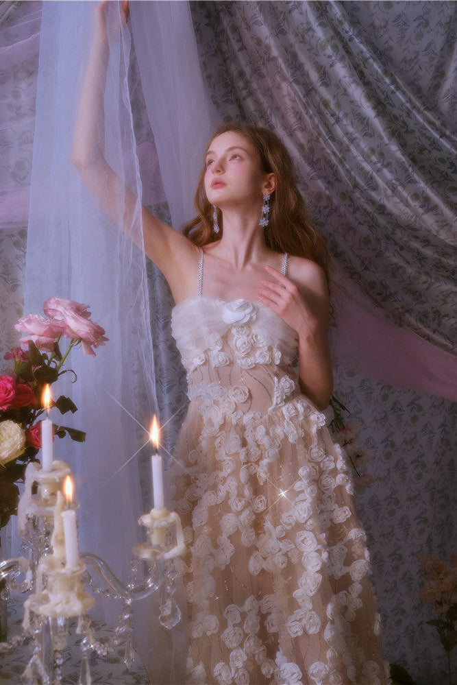 Leah White/Beige Sleeveless  Flower Dress