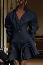 Florence Single-Breasted Top Pleated Skirt In Navy Blue