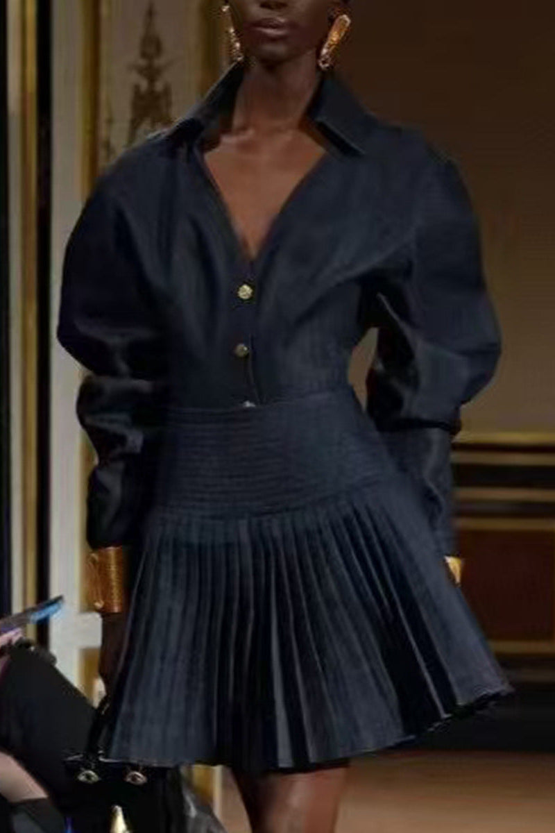 Florence Single-Breasted Top Pleated Skirt In Navy Blue