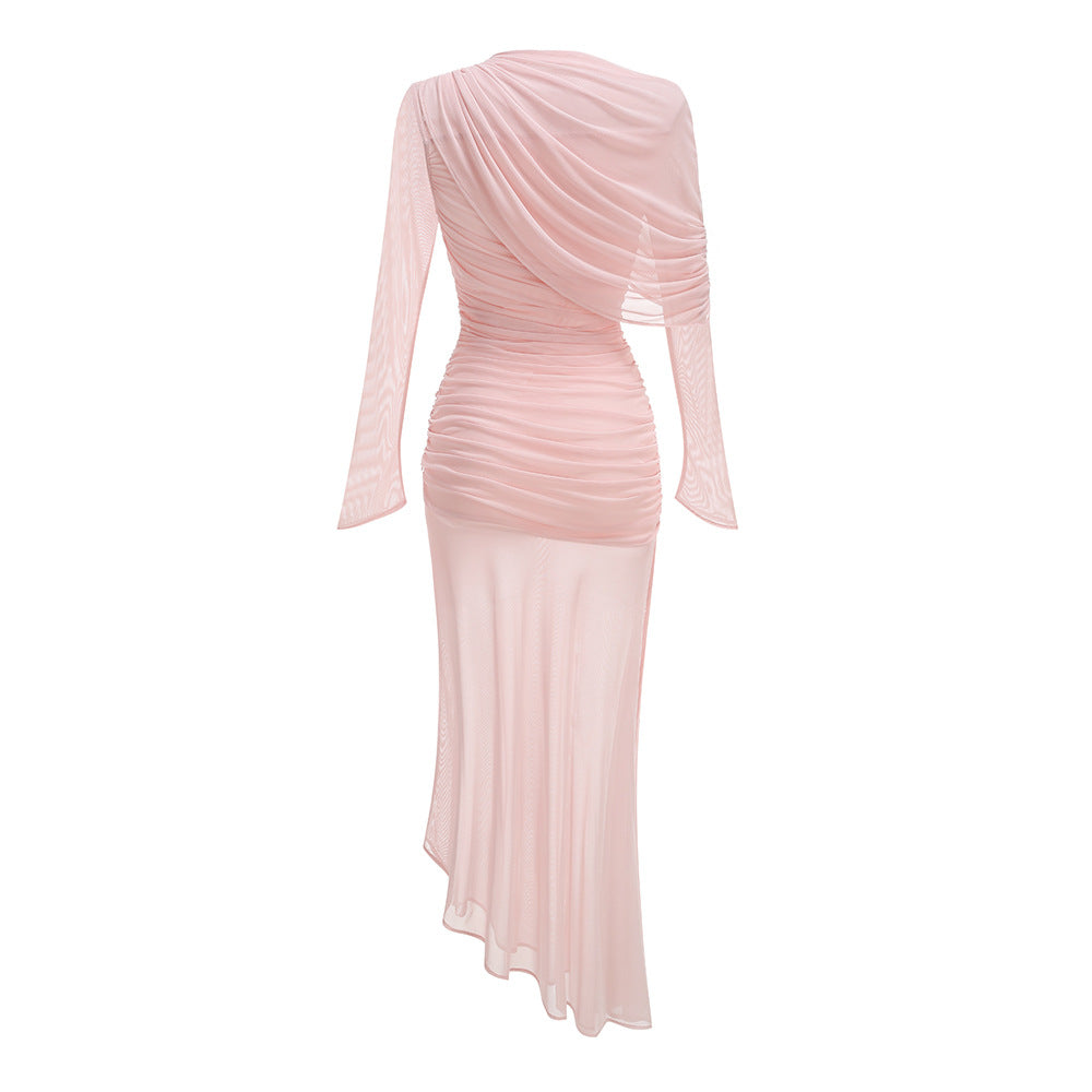 High-neck drapey pleated mesh panel maxi dress in pink