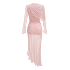 High-Neck Drapey Pleated Mesh Panel Maxi Dress In Pink