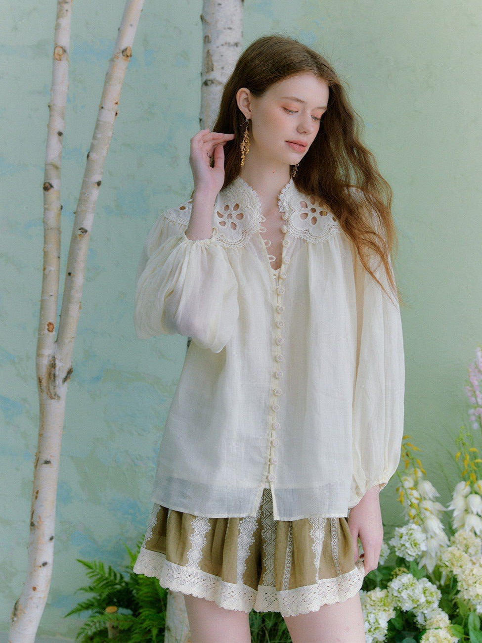 Flowering Girl Women beige hollow embroidered lantern sleeve stand-collar ramie shirt