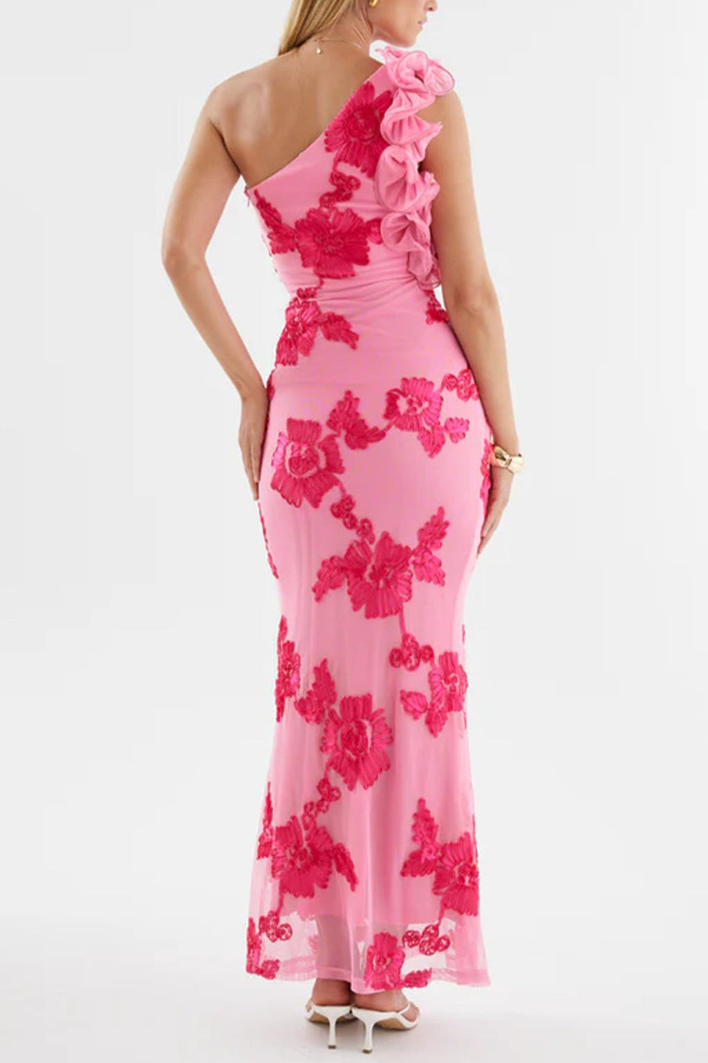 novia one-shoulder 3d flower embroidery bodycon maxi dress - pink