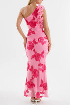 novia one-shoulder 3d flower embroidery bodycon maxi dress - pink