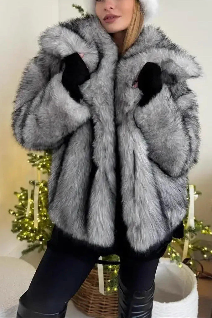 Flowering Girl Women artificial leather fox fur jacket in Gray
