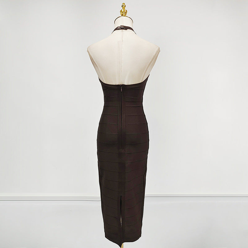 Flowering Girl Women Chocolate Halter Bodycon Midi Bandage Dress