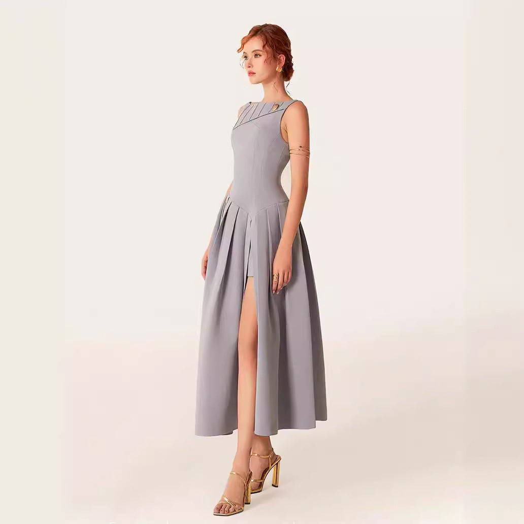 Flowering Girl Women sleeveless pleated slit midi dress in gray