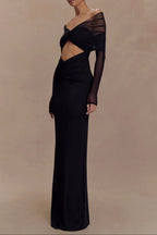 Flowering Girl Women black openwork spliced mesh long sleeve dress