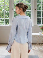 Flowering Girl Women Blue White Stripe Off Shoulder Collared Cinched Waist Peplum Shirt