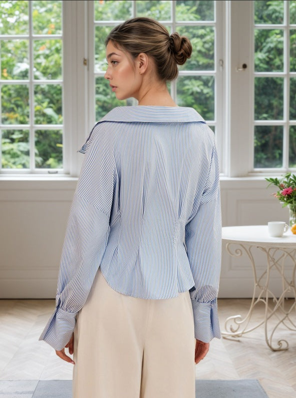 Flowering Girl Women Blue White Stripe Off Shoulder Collared Cinched Waist Peplum Shirt