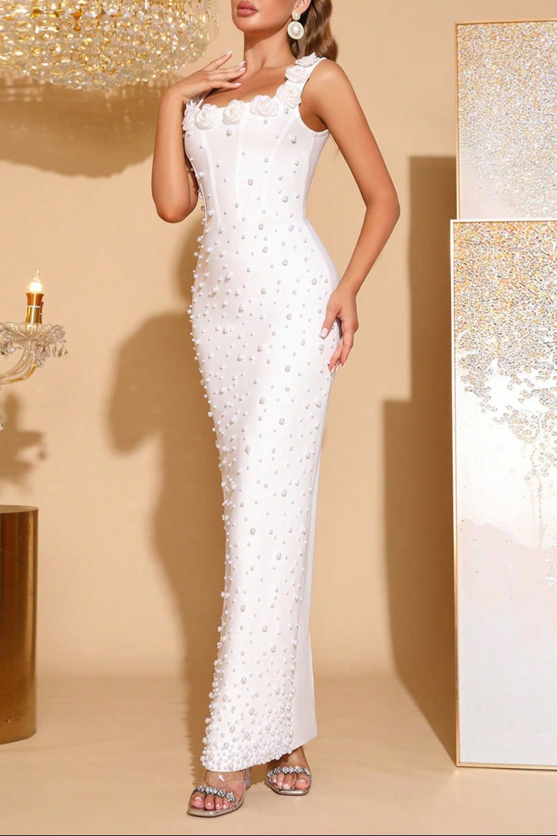Flowering Girl Women Adela White Flower Beaded Square-Neck Elastic Bandage Maxi Dress