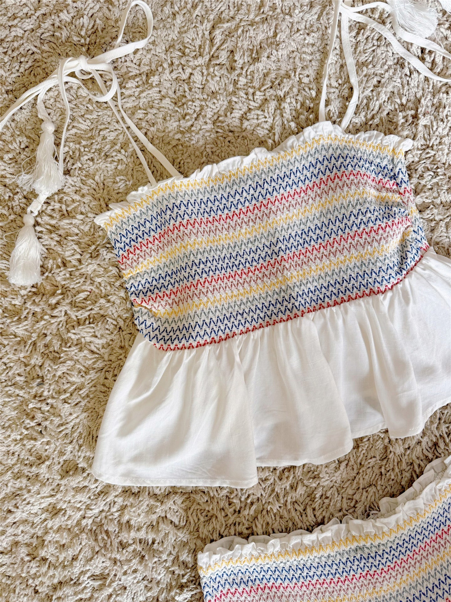 Tie Tassel Strap Smocked Tiered Maxi Skirt Two-Piece Set
