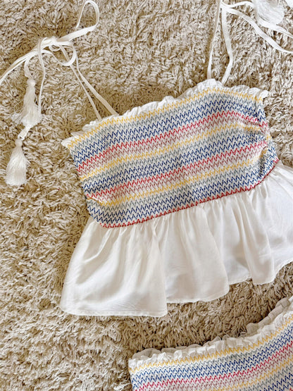 Tie Tassel Strap Smocked Tiered Maxi Skirt Two-Piece Set