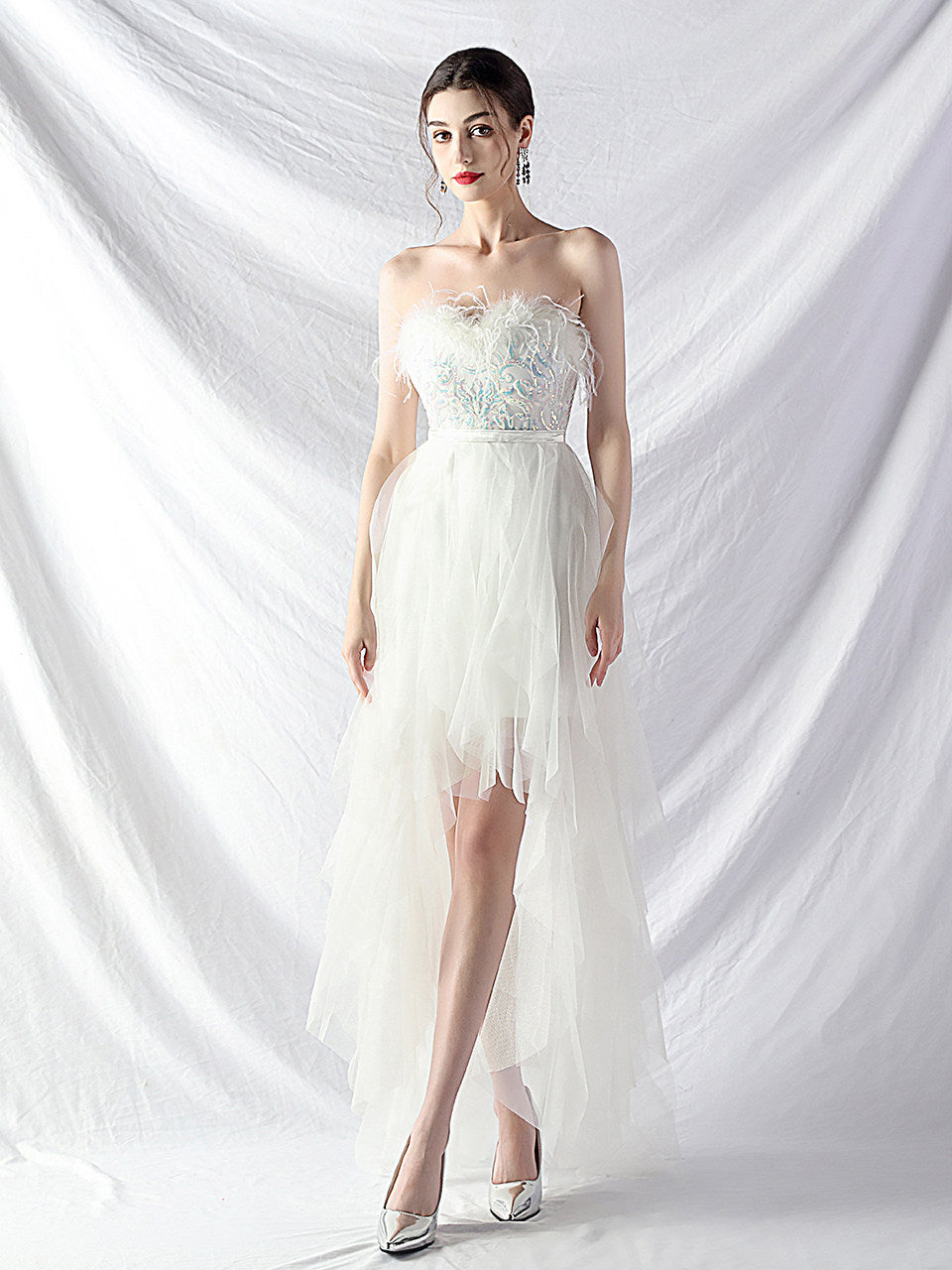 Flowering Girl Women Strapless Feather Tulle Midi Dress