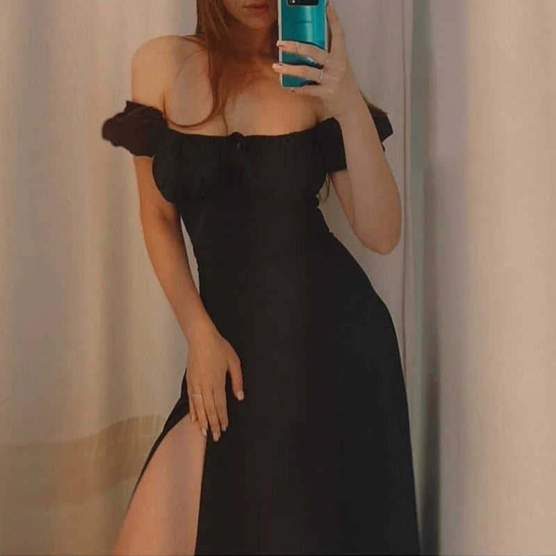 Flowering Girl Women black Puff Sleeve Lace-up Slit Dress