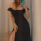 Flowering Girl Women black Puff Sleeve Lace-up Slit Dress