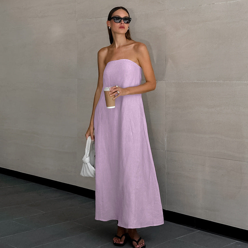 Flowering Girl Women cotton linen strapless A-line midi dress