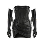 Flowering Girl Women PU strapless pleated irregular hem mini dress - black
