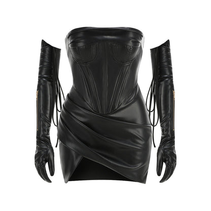 PU strapless pleated irregular hem mini dress - black
