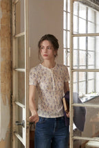 Floral Knit Short Sleeve Lace Collar Top