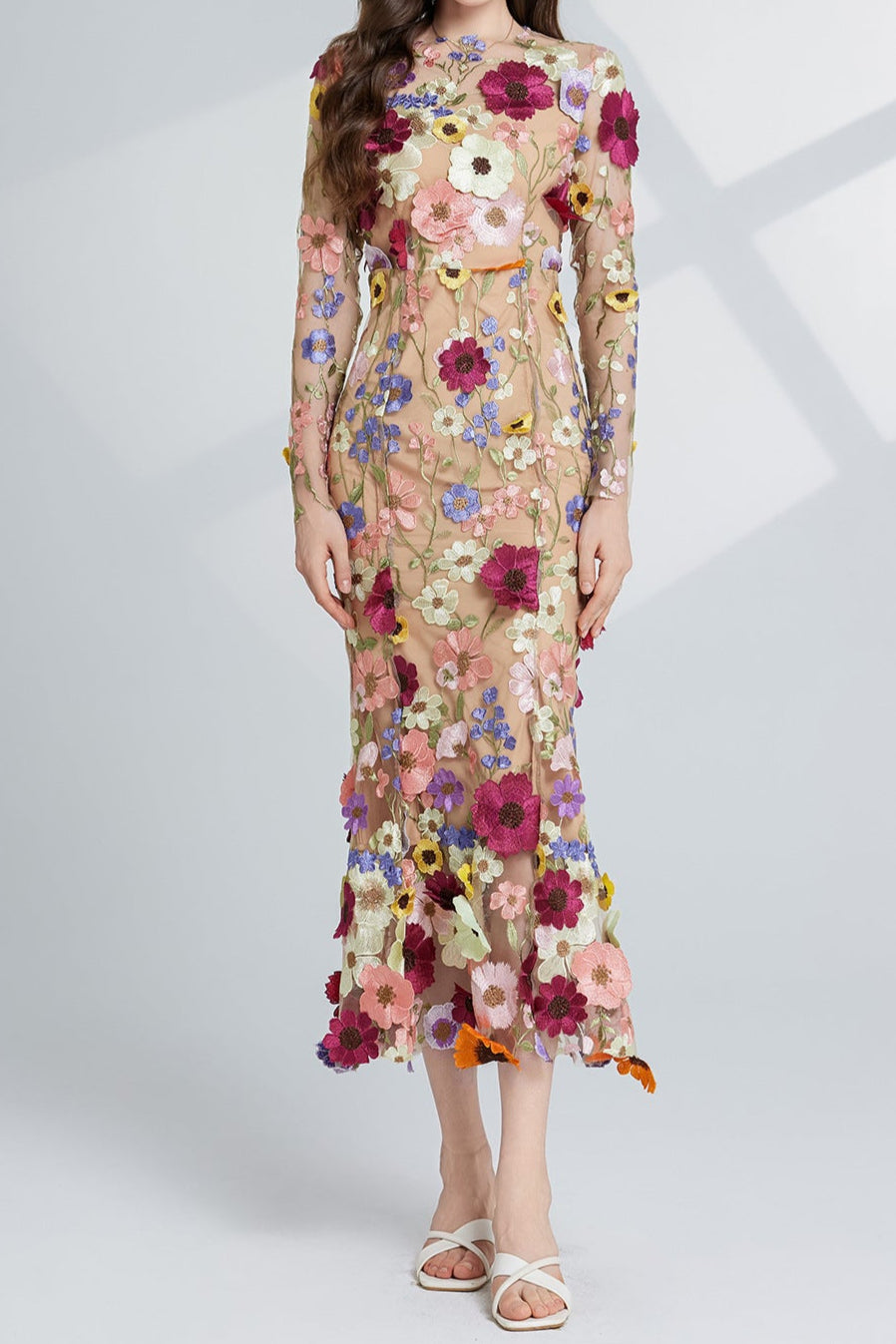 Flowering Girl Women CAROL brown FLORAL EMBROIDERY MESH LONG SLEEVE MIDI DRESS