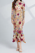 Flowering Girl Women CAROL brown FLORAL EMBROIDERY MESH LONG SLEEVE MIDI DRESS