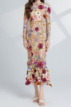 Flowering Girl Women CAROL brown FLORAL EMBROIDERY MESH LONG SLEEVE MIDI DRESS