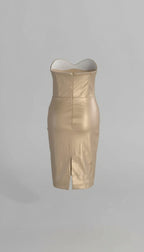 lauren pleated strapless back slit mini dress in gold