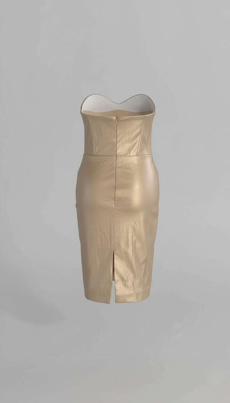 Lauren Pleated Strapless Back Slit Mini Dress In Gold