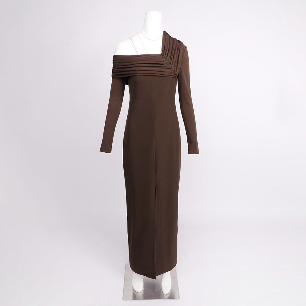 Flowering Girl Women maud One-shoulder pleated high-slit maxi dress - brown